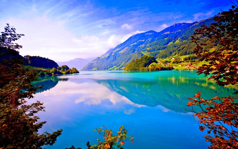Lake with Mountains — Blue, Serene, Afternoon, Photograph, Trees, Village