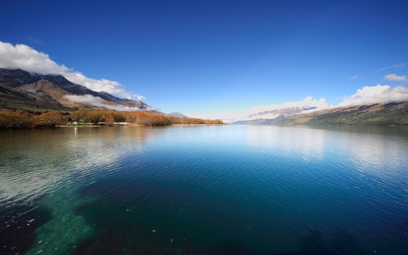 Lake with Mountains — Blue, Serene, Autumn, Photograph, Trees, Clouds, Green