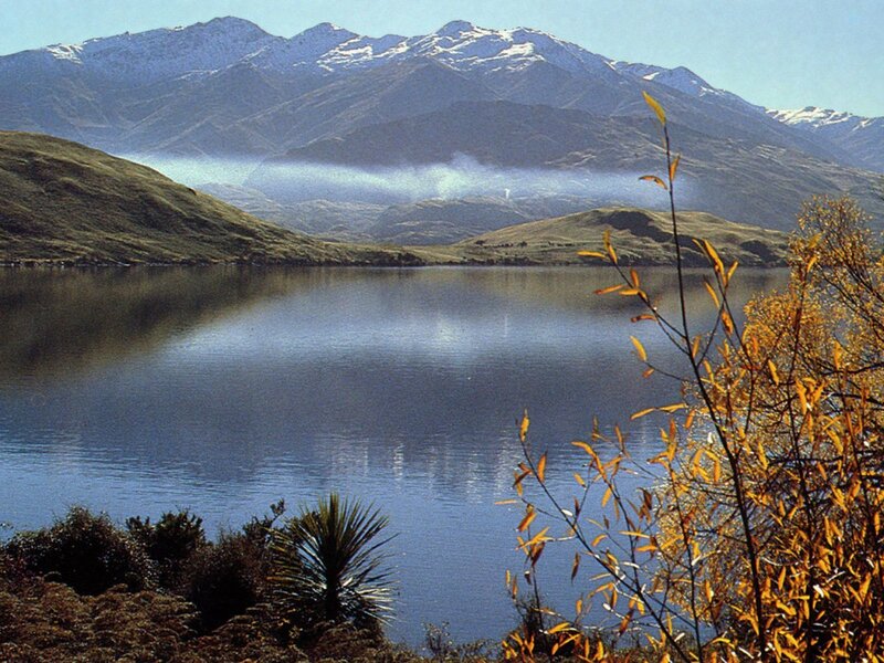 Lake with Mountains — Blue, Serene, Autumn, Photograph, Trees, Hills