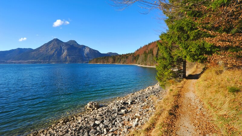 Lake with Mountains — Blue, Serene, Autumn, Photograph, Trees, Path
