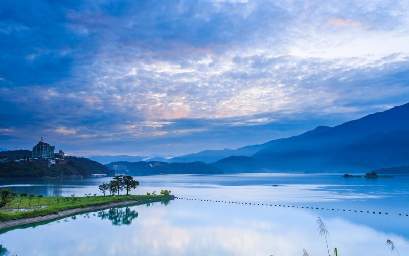 Lake with Mountains — Blue, Serene, Morning, Photograph, Building