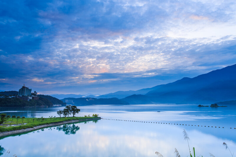 Lake with Mountains — Blue, Serene, Morning, Photograph, Building, Trees
