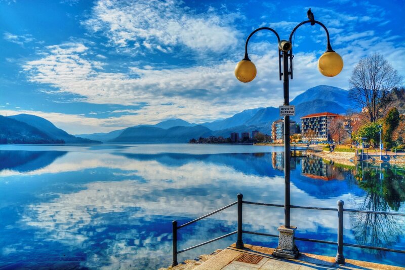 Lake with Mountains — Blue, Serene, Morning, Photograph, Buildings