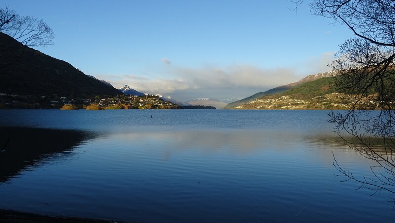 Lake with Mountains — Blue, Serene, Morning, Photograph, Town