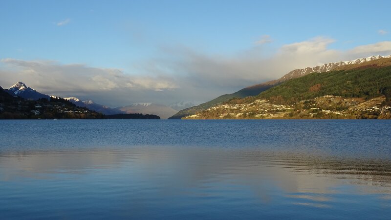 Lake with Mountains — Blue, Serene, Morning, Photograph, Village