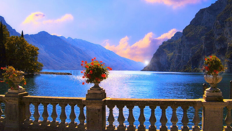 Lake with Mountains — Blue, Serene, Sunset, Photograph, Flower Pots