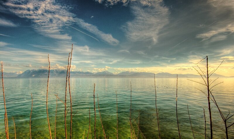 Lake with Mountains — Blue, Serene, Sunset, Photograph, Sky