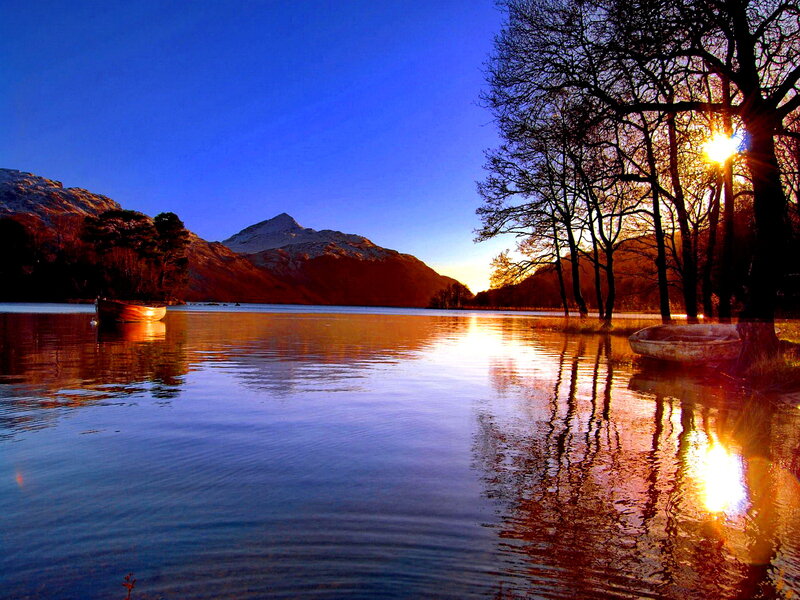 Lake with Mountains — Blue, Serene, Sunset, Photograph, Trees
