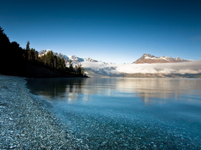 Lake with Mountains — Blue, Trees