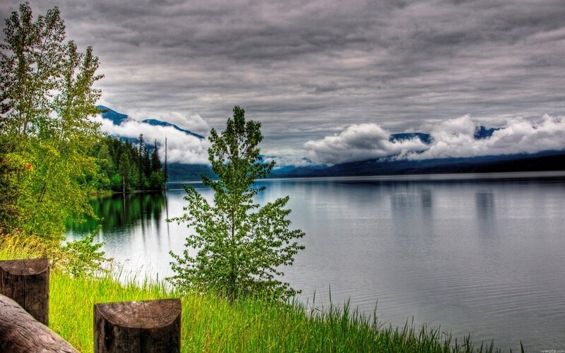 Lake with Mountains — Green, Dramatic, Morning