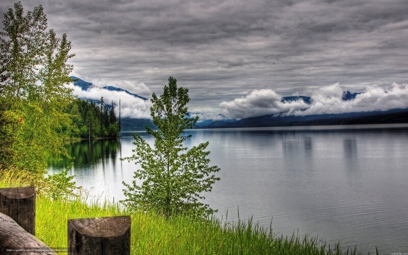 Lake with Mountains — Green, Dramatic, Photograph, Trees, Clouds