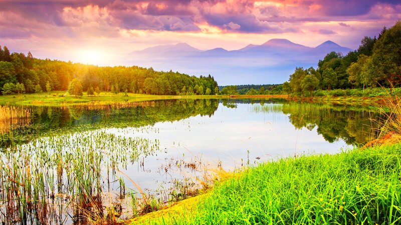 Lake with Mountains — Green, Serene, Sunset, Photograph