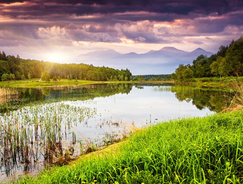 Lake with Mountains — Green, Serene, Sunset