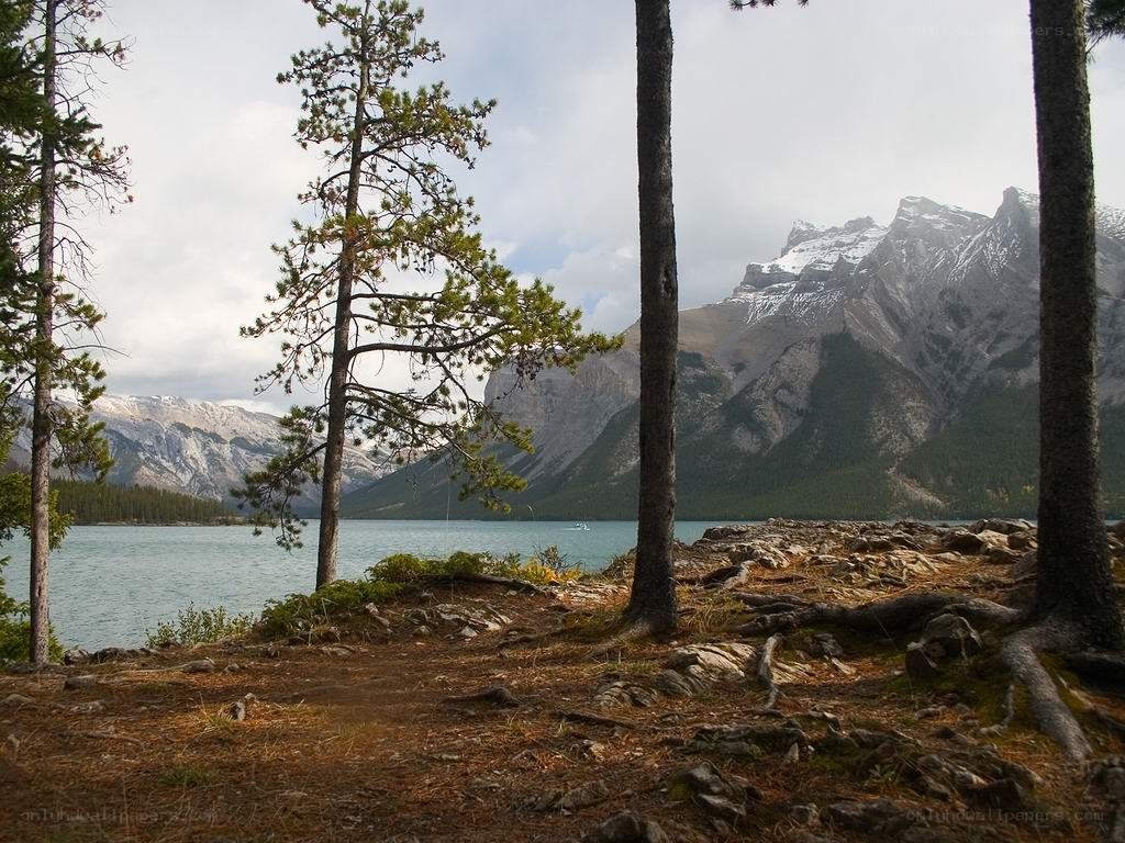 Lake with mountains in background
