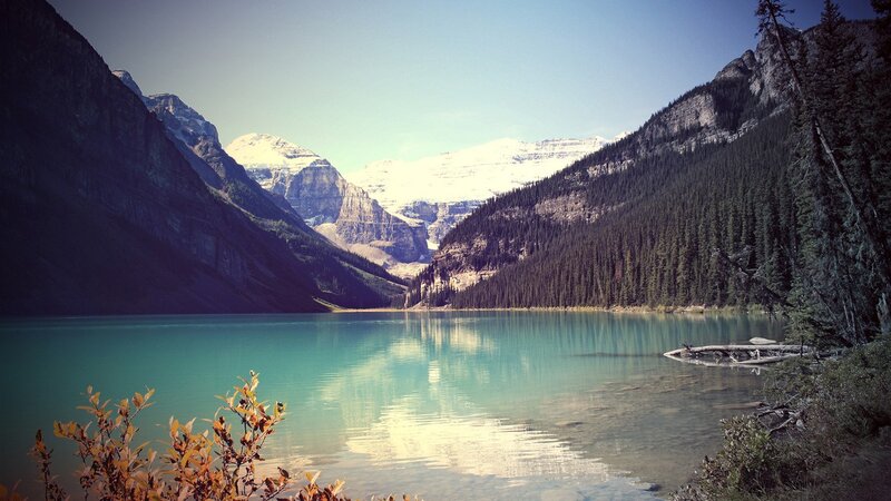 Lake with mountains in background