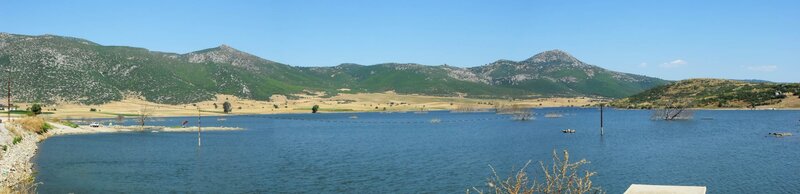 Lake with mountains in background