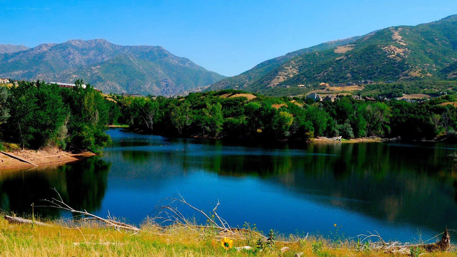 Lake with mountains in background