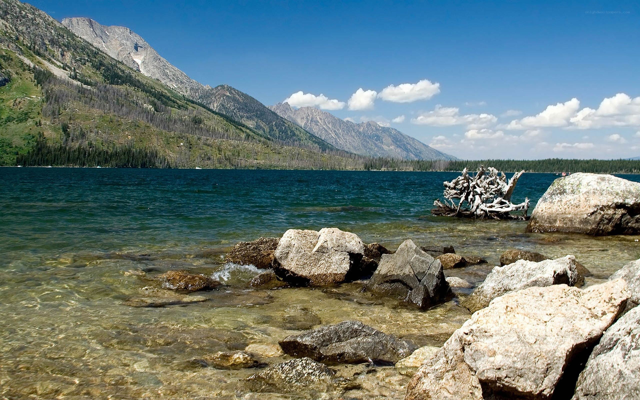 Lake with mountains in background