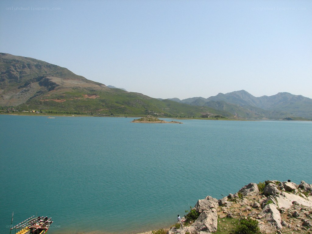 Lake with mountains in background