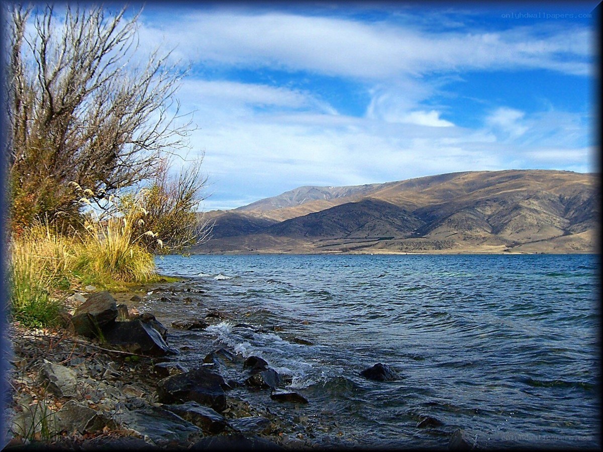 Lake with mountains in background