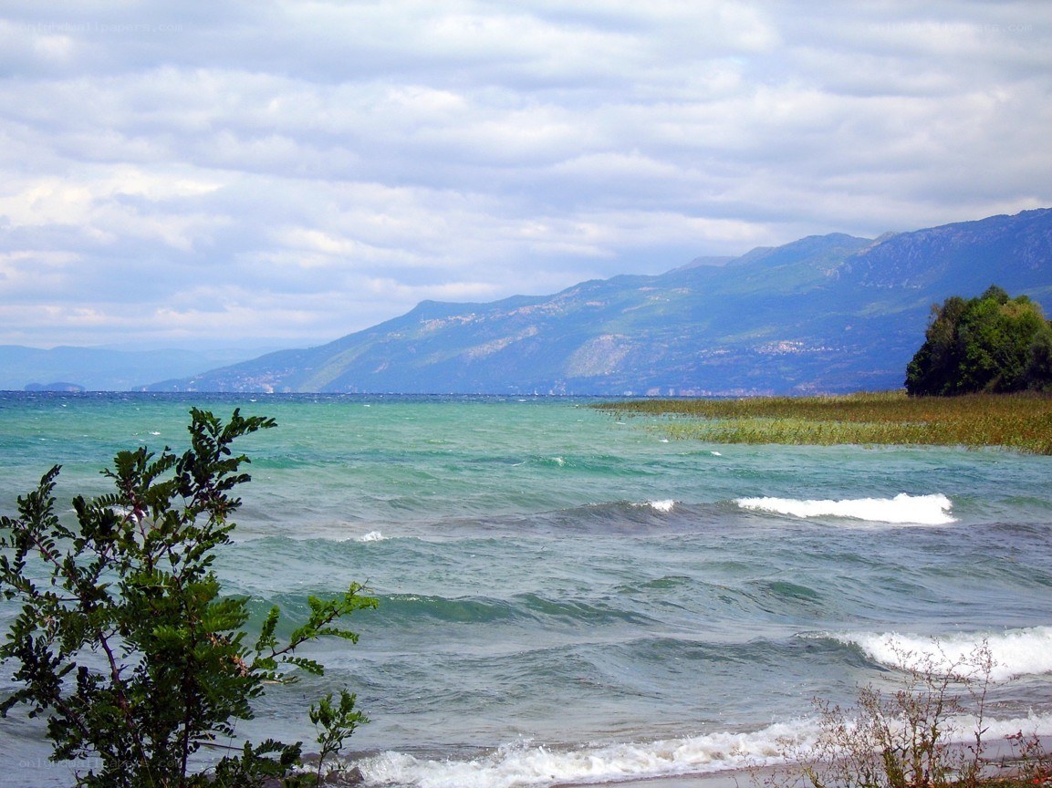 Lake with mountains in background