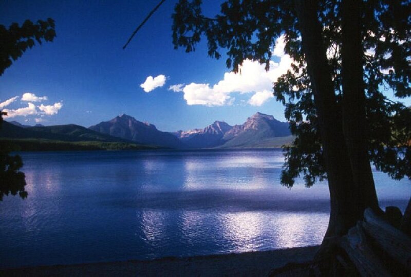 Lake with mountains in the background