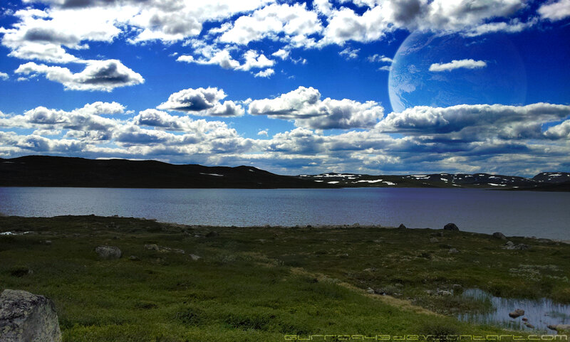 Lake with Planet in Sky — Blue