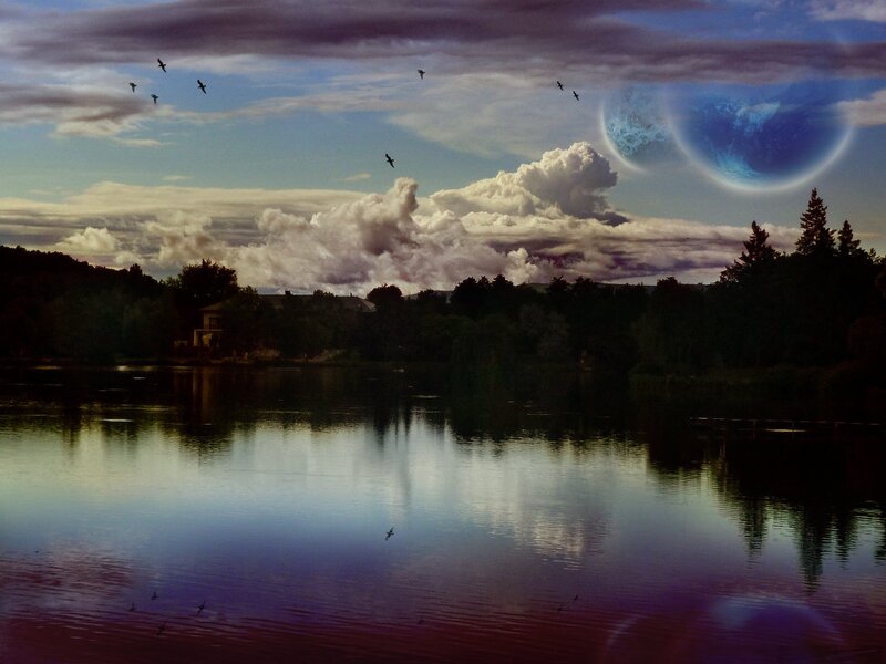 Lake with Planet in Sky