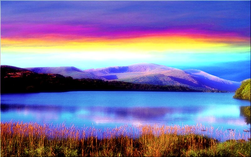 Lake with Rainbow Sky