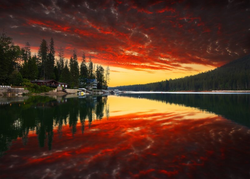 Lake with Red Sky