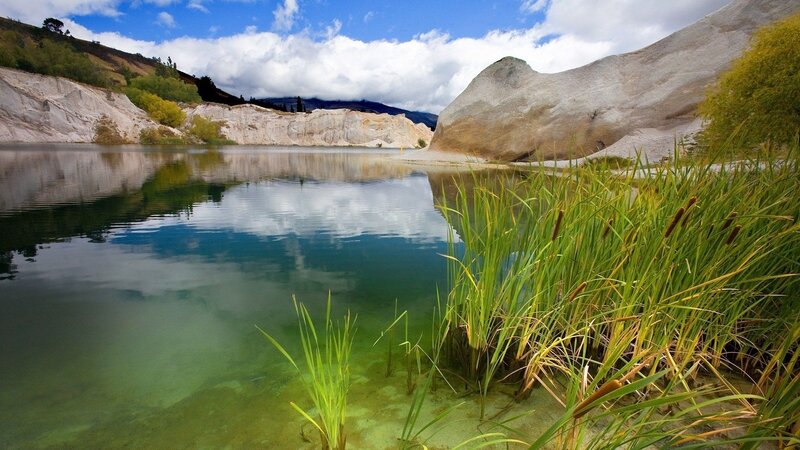 Lake with Reeds and Cliffs — Green