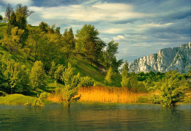 Lake with Reeds and Cliffs