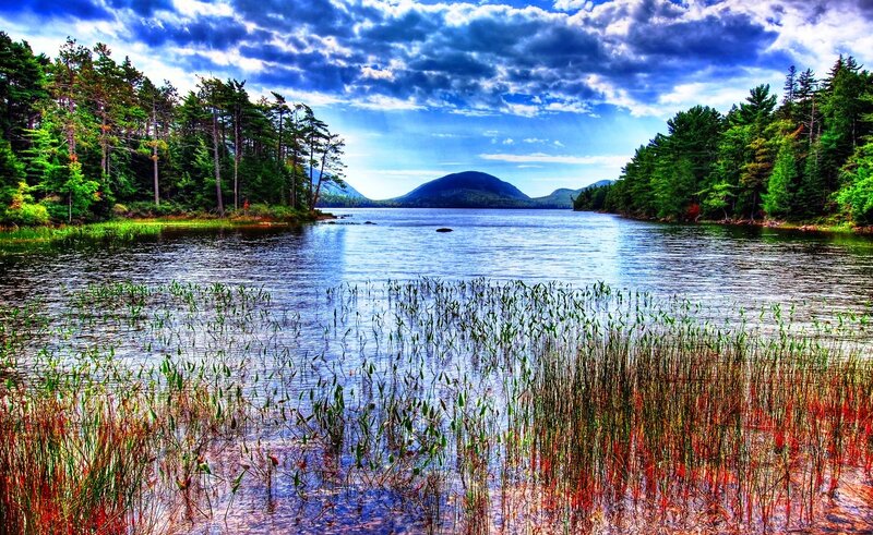 Lake with Reeds and Mountains — Blue, Dramatic