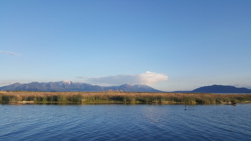 Lake with Reeds and Mountains — Blue, Serene, Afternoon, Photograph