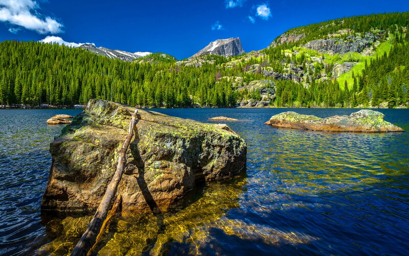 Lake with Rocks and Mountains — Blue, Serene, Summer, Photograph