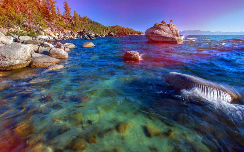 Lake with Rocks and Trees — Blue, Serene, Afternoon