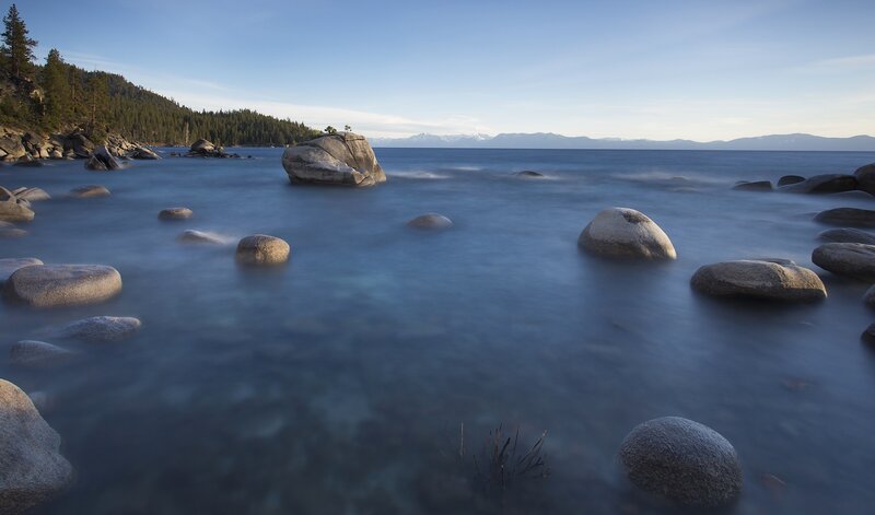 Lake with Rocks and Trees — Blue, Serene, Morning, Photograph