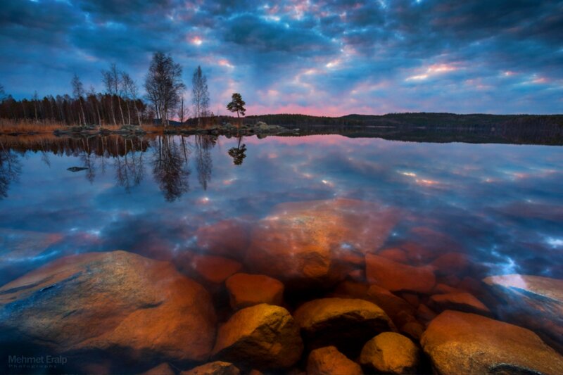 Lake with Rocks and Trees — Blue, Serene, Sunset