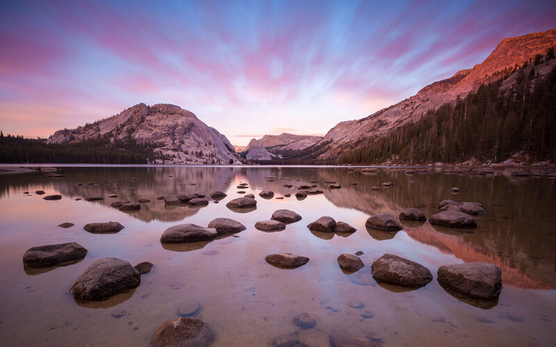Lake with Rocks at Sunset — Pink