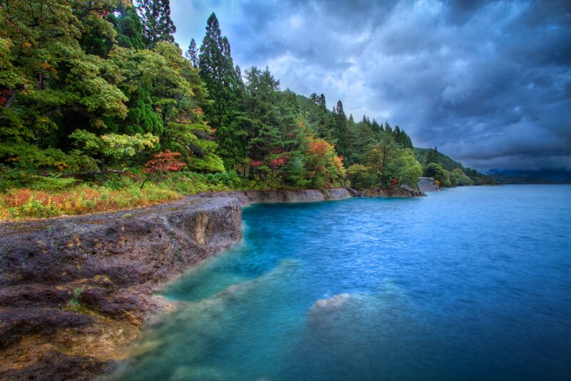 Lake with Rocky Shore — Blue, Dramatic, Autumn, Photograph