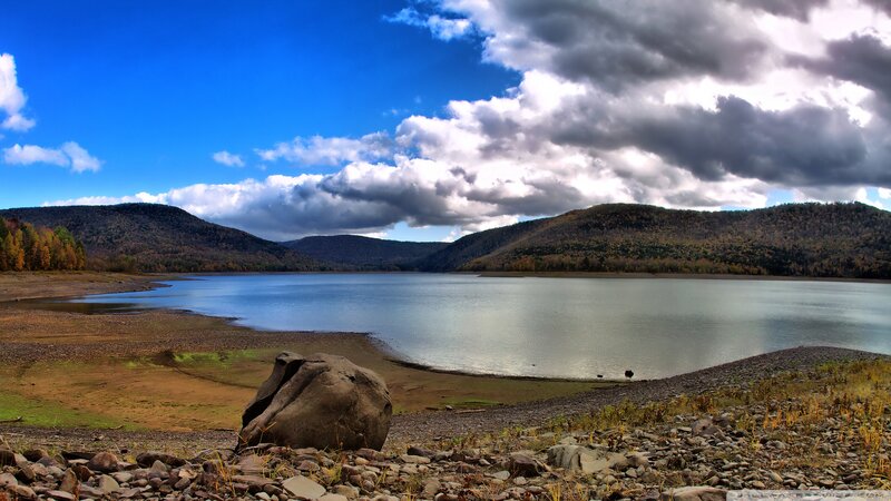 Lake with Rocky Shore — Blue, Dramatic, Autumn