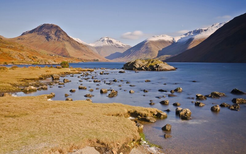 Lake with Rocky Shore — Blue, Serene, Autumn, Photograph, Mountains