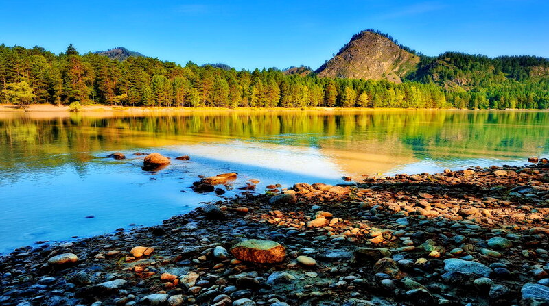 Lake with Rocky Shore — Blue, Serene, Morning, Photograph