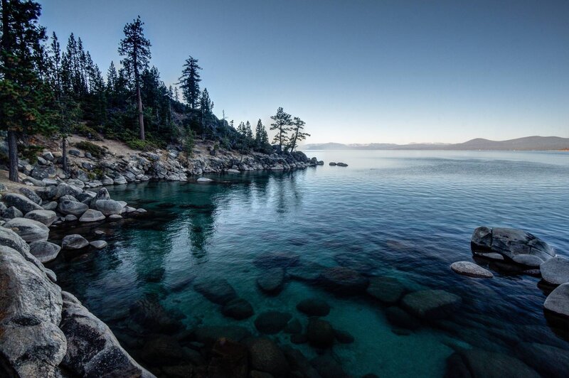 Lake with Rocky Shore — Blue, Serene, Morning, Photograph, Trees