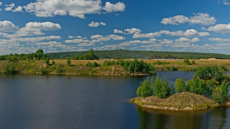 Lake with Small Island — Blue, Serene, Afternoon