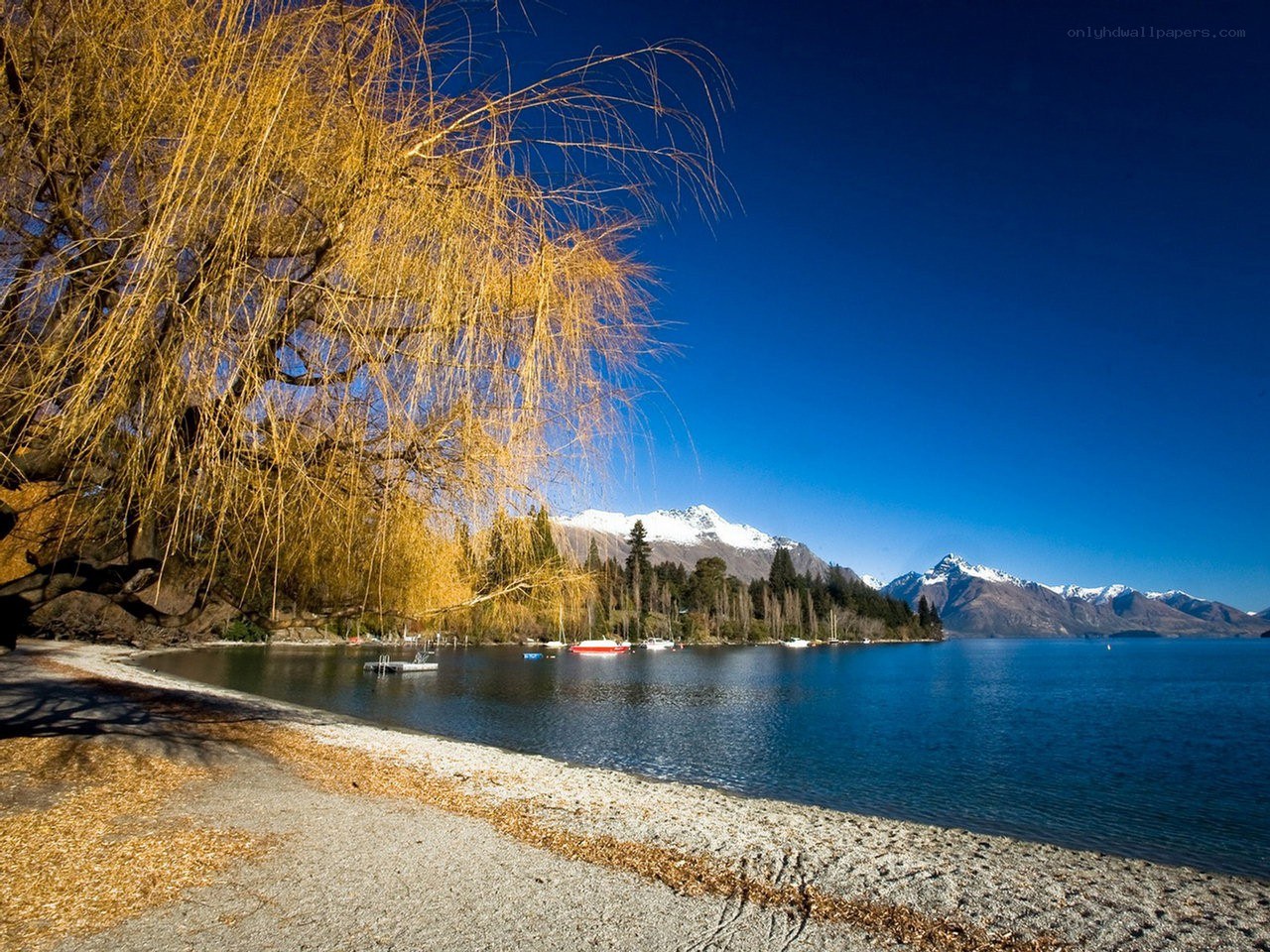 Lake with snow-capped mountains