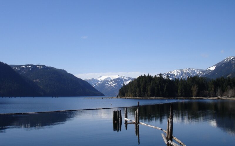 Lake with snow-capped mountains