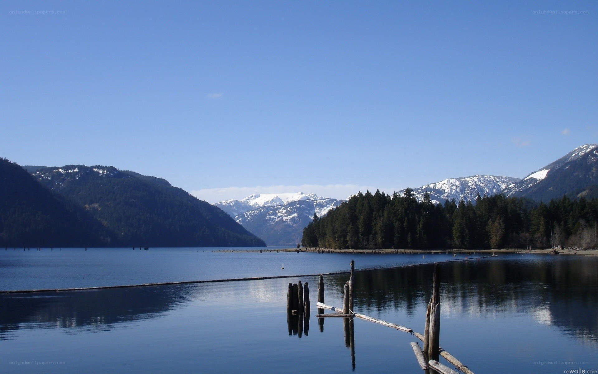 Lake with snow-capped mountains