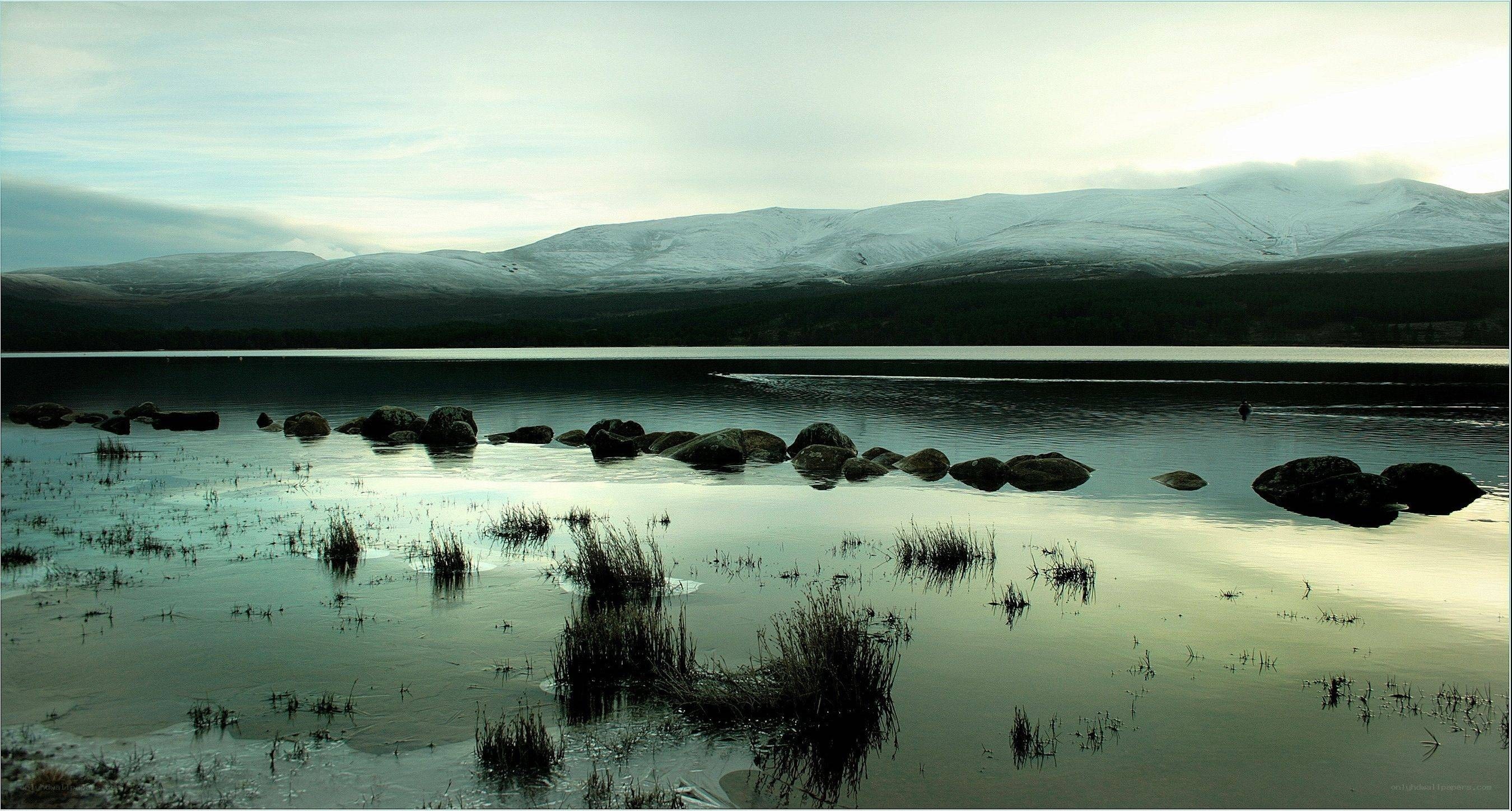 Lake with snow-capped mountains