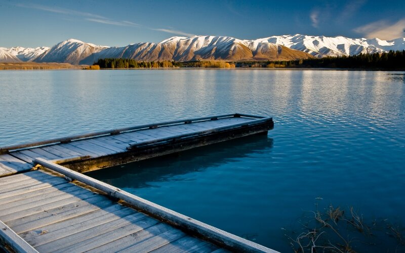Lake with snow-capped mountains